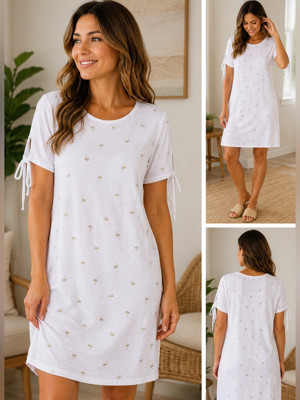Chloe + Rene White Gold Palm Tree Embroidered Tie Sleeve Shift Dress 11091FCEY M